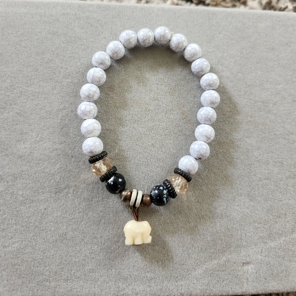 White Beaded Bracelet with Elephant Charm